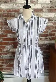 Japna  White and Navy Blue Cinched Waist Short Sleeve Button Down Dress Size XS