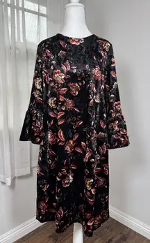 Alison Andrews Black & Pink Velvet Floral Print Long Sleeve Knee Length Dress