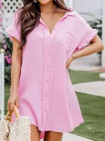 No Worries Pink Gauze Button Up Dress