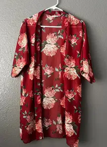 Glance Women’s XL Floral Kimono Cardigan Red Rose Print Lightweight