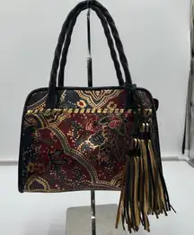 Patricia Nash Red Gold Paisley Leather Satchel Bag Tote Tassel