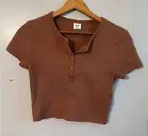 Aritzia Sunday Best Brown Cropped Button Up Tee Small Waffle Knit