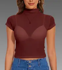 NWT Sparkly Maroon See-Through Mock Neck Crop Tshirt Sz small