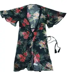 American Eagle Black Floral Sheer Boho Kimono  Summer Cover-Up Size XS-S