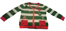 Christmas Festive Green  Gold and Red Striped Cardigan women XL