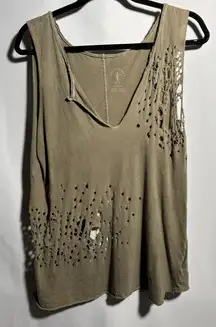 Knot Sisters Distressed Tank Olive Green Cotton Festival Grunge Holes M‎ V Neck