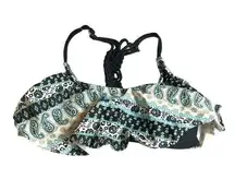Arizona Jean Co Bikini Top Ruffle Racerback Woven Paisley Geometric Blue Black S
