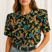 Vintage Satin Baroque Chain Print Top Equestrian Heritage Preppy Style Large