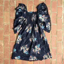 Vintage 70s Angel Sleeve Shirred Babydoll Mini Dress