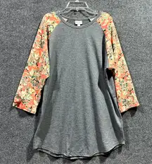 LulaRoe T-Shirt Women XL Gray Orange Floral Stretch 3/4 Raglan Sleeve Round Neck
