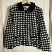 Talbots Checkered Black and White Plaid Button Front Teddy Jacket Size Large