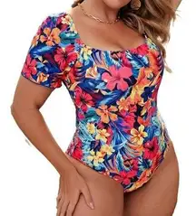 SheIn Womens  Curve Tropical Print Square Neck Lace Back Swimsuit - Sz 2X