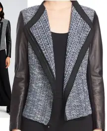 St. John Luxe Knit Jacket Black Leather Sleeves Quiet Luxury Old Money Size 10