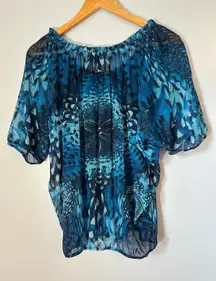 New‎ Directions Sheer Blouse Embellished Top Blue Feather Print Small