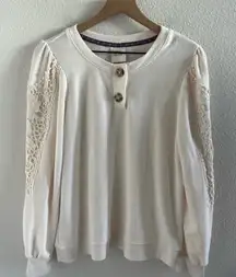 Knox Rose Cream Boho Button Lace Sweatshirt Long Sleeve Medium