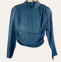 ZARA  Navy Blue Satin Ruched Side Mock Neck Crop Long Sleeve Top XS