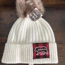 David & Young Women's Mama Bear Beanie Hat with Plaid Patch and Pom NEW