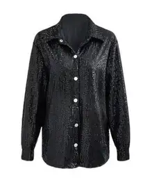 Micas Women's Small Black Long Sleeve Collar Sequin Button Up Party Shirt