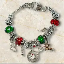 Christmas Charm Bracelet Holiday European Style Slider Silver-tone Glass Beads‎