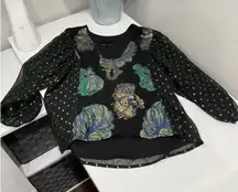 Cynthia Rowley night out black Metallic Dot Long Sleeve Blouse Top XS