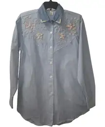 Vintage‎ Embellished Denim Shirt Floral Beaded Western Style Small