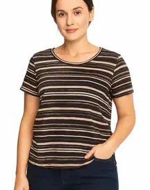 Jones New York Brown & Tan Striped Short Sleeve Tee Shirt - Size Large