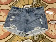 PacSun high rise festival jean shorts lido blue raw ripped acid bleach stone faded distressed coastal Texas western mom high waist vintage y2k biker skater Moto rockstar