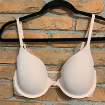 VS Victoria's Secret Women 32D Bra Pink Gold TShirt Lightly Lined Demi Lace Logo