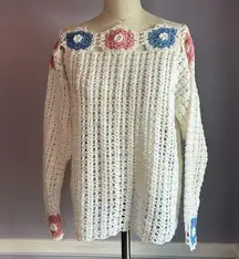 Vintage crochet open weave sweater with pink and blue granny square accents