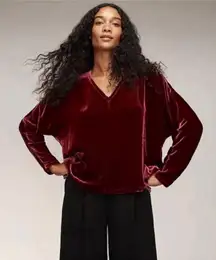 EILEEN‎ FISHER Burgundy Red Velvet V-Neck Top Blouse Boxy Silk Dolman Size Large