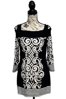 Womens Black White Geometrical Cold Shoulder Mini Jersey Knit Dress M