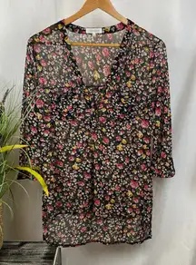 Eden & Olivia Black Dark Floral Print 3/4 Sleeve Peasant Boho Festival Blouse S