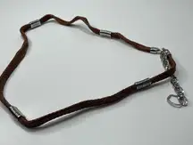 Chicos Brown Leather Braided Silver Logo Accents Chain Belt Statement 39'' Boho