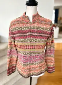 Vintage 90s Talbots Pink Yellow Fair Isle Full Zip Long Sleeve Sweater