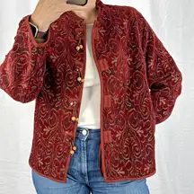Flashback 90s Vintage Maroon Tapestry Jacquard Jacket Size XL Tassel Buttons