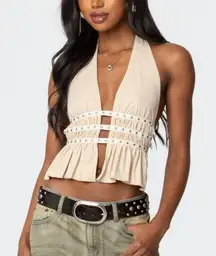 Studded split front backless halter top