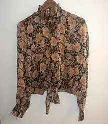 ELAN Women’s Floral Sheer Smocked Cuff Tie Front Turtleneck Blouse Size S