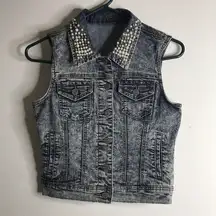 Wax Jean Wax jeans Acid wash bedazzled denim vest cutoff sleeves with pearls