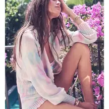 LoveShackFancy Florrie Chunky Knit Zip Up Crochet Cotton Candy Hand Dye Scallop