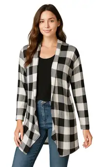 Buffalo Check Open Front Cardigan – Black & White – Size L