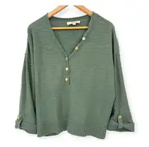 LOFT | Large | Textured Knit V-Neck Gold Button Up Tab-Cuff Pullover Sweater