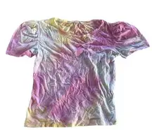 ZARA  Shirt Womens Medium Tie Dye V Neck Short Puff Sleeve Round Neck Tee Cotton