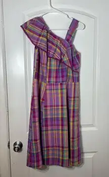 Isaac Mizrahi Live Pink Plaid Single Shoulder Ruffled A-Line Summer Dress Size 4