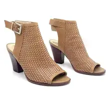 Sam Edelman Henri Tan Leather Perforated Block Heel Open Toe Sandal Size 8.5