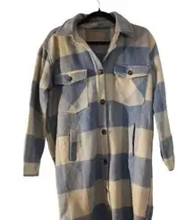 BlankNYC Womens Plaid Shacket Jacket Blue Cream Size XS