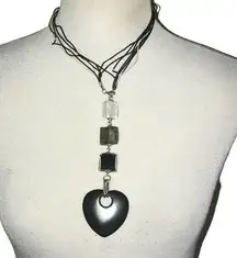 BLACK WHITE SILVER CLEAR HEART Y-NECK HEART PENDANT NECKLACE