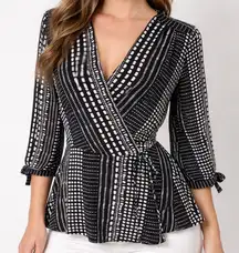 Monteau Black & White Abstract Wrap Top Large 3/4 Sleeve Peplum Blouse