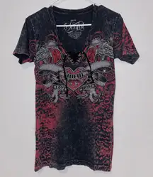 Sinful by Affliction Black Heart Pistol leopard Y2K VTG Lace up Tee