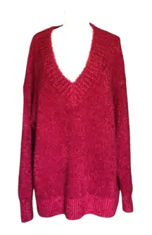 Aerie Oversized Ribbed V-Neck Sweater Long Sleeve Red Pullover Women's Medium