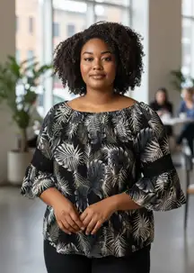 Studio West Black and White Tropical Print Blouse